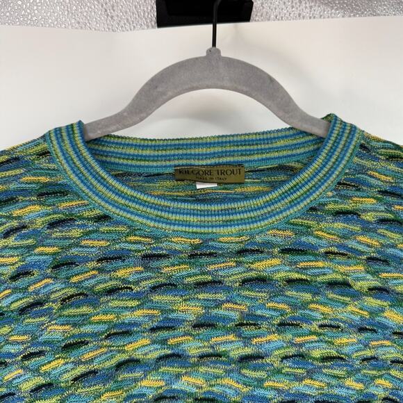 Kilgore Trout Italian Sweater Mens V XL Teal Geometric Striped Crew Granpacore - Picture 3 of 7